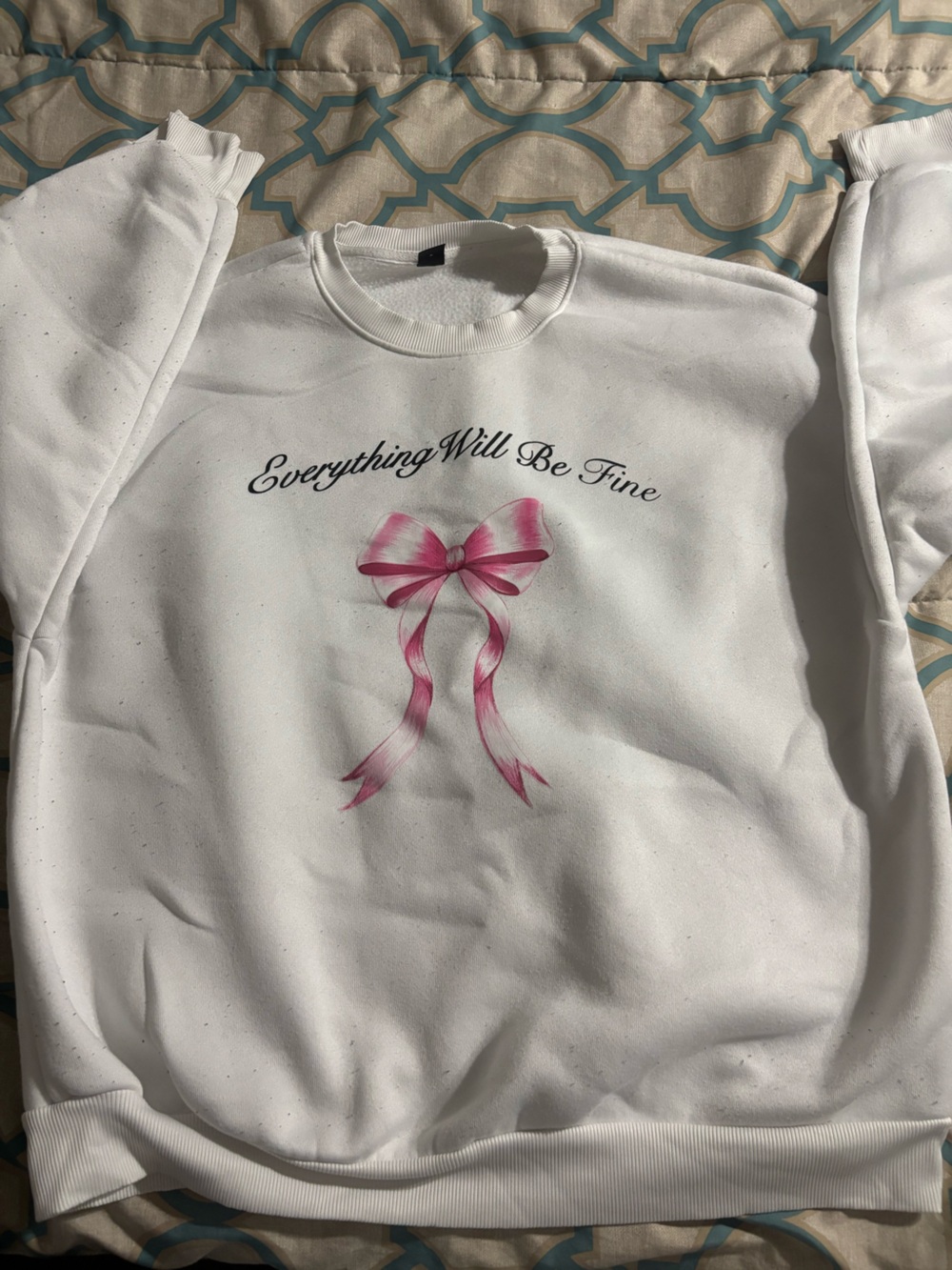 SHEIN White Sweatshirt with Pink Ribbon Graphic